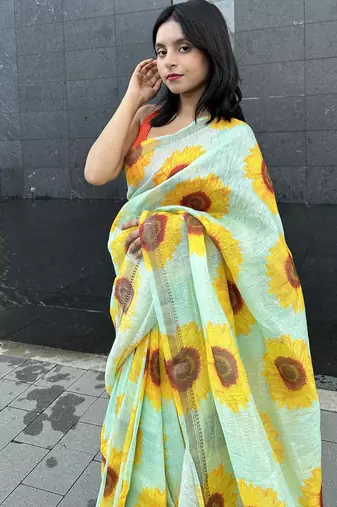 Digital printed  handloom silk linen saree