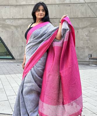 Grey handloom linen with contrast pink border 2
