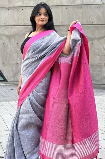 Grey handloom linen with contrast pink border