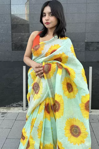 Digital printed  handloom silk linen saree
