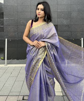 Hand embroidered sequins work - tissue linen saree 2