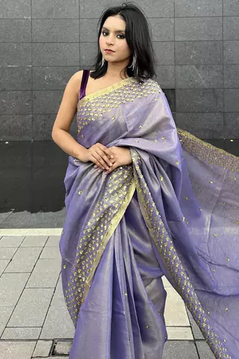 Hand embroidered sequins work - tissue linen saree