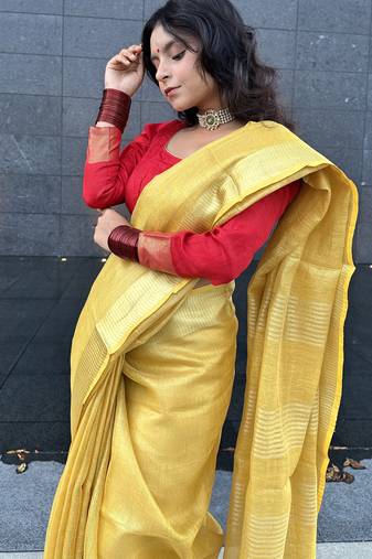 Golden handloom tissue linen saree without Blouse
