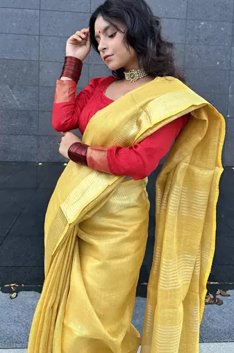 Golden handloom tissue linen saree without Blouse