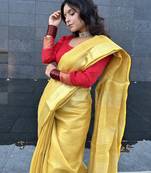 Golden handloom tissue linen saree without Blouse