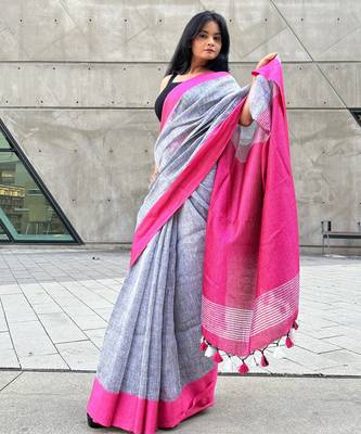 Grey handloom linen with contrast pink border 3