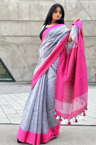 Grey handloom linen with contrast pink border