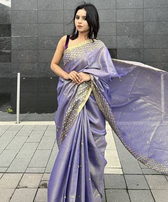 Hand embroidered sequins work - tissue linen saree 3