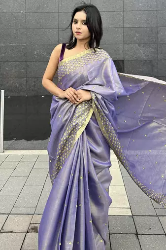 Hand embroidered sequins work - tissue linen saree