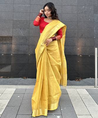 Golden handloom tissue linen saree without Blouse 2