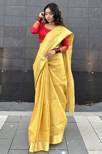 Golden handloom tissue linen saree without Blouse