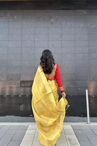 Golden handloom tissue linen saree without Blouse