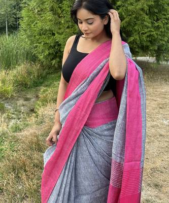 Grey handloom linen with contrast pink border 4