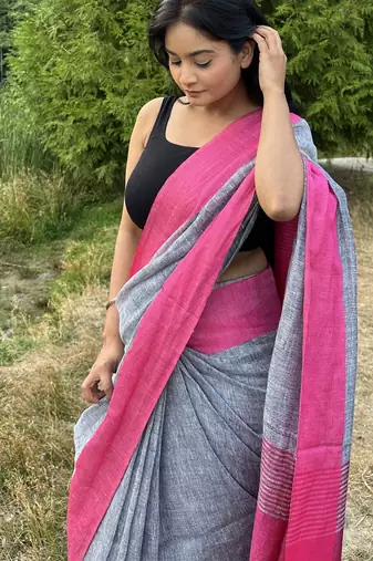 Grey handloom linen with contrast pink border