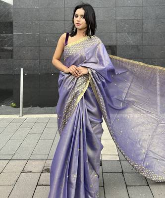 Hand embroidered sequins work - tissue linen saree 4