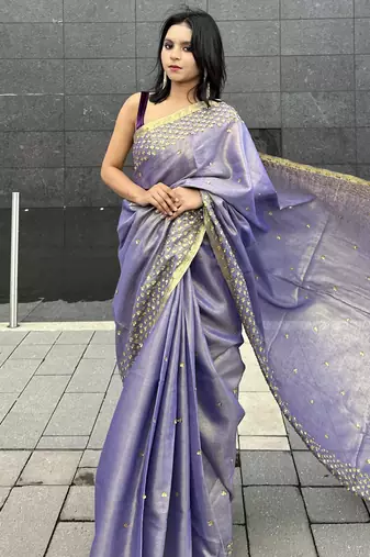 Hand embroidered sequins work - tissue linen saree