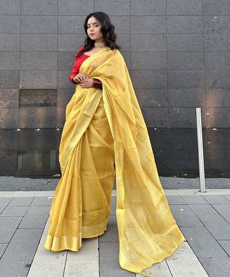 Golden handloom tissue linen saree without Blouse 4