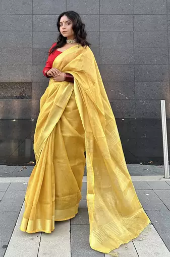 Golden handloom tissue linen saree without Blouse