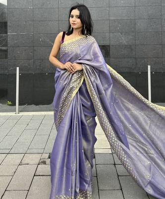 Hand embroidered sequins work - tissue linen saree 5