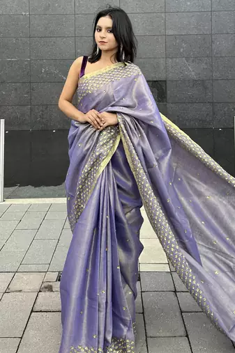 Hand embroidered sequins work - tissue linen saree