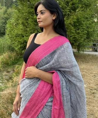 Grey handloom linen with contrast pink border 5