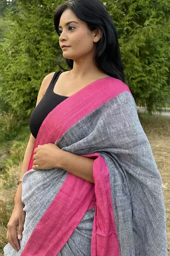 Grey handloom linen with contrast pink border
