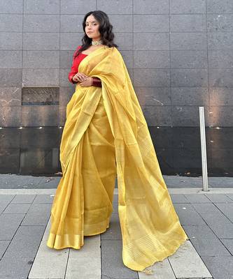 Golden handloom tissue linen saree without Blouse 5