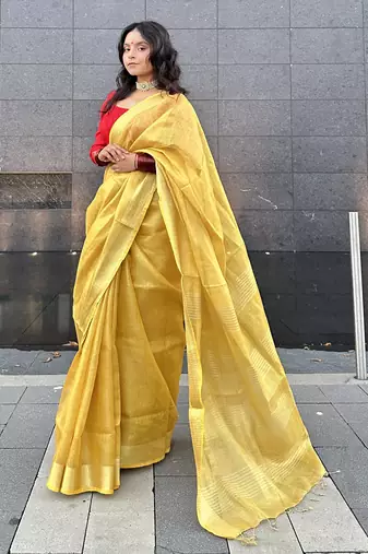 Golden handloom tissue linen saree without Blouse