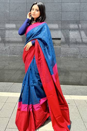 Blue handloom linen saree with contrast border