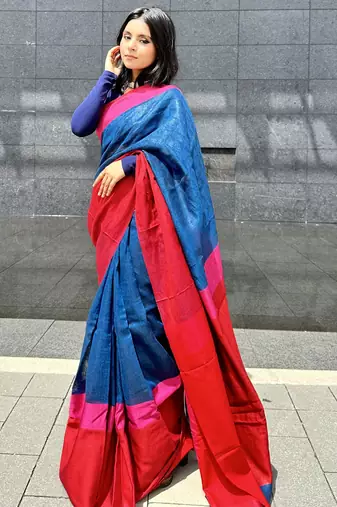 Blue handloom linen saree with contrast border