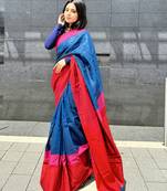 Blue handloom linen saree with contrast border