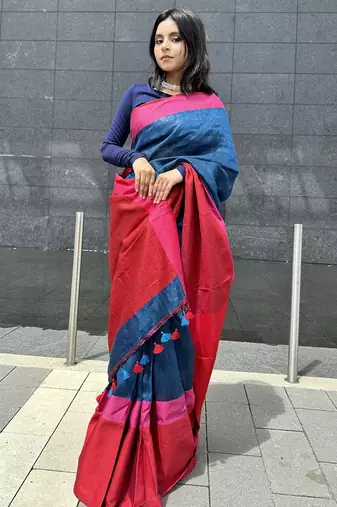 Blue handloom linen saree with contrast border