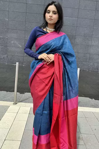 Blue handloom linen saree with contrast border