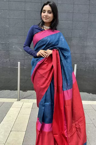 Blue handloom linen saree with contrast border
