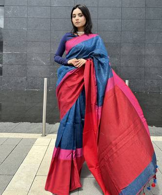 Blue handloom linen saree with contrast border 5