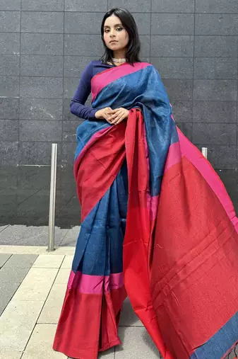 Blue handloom linen saree with contrast border