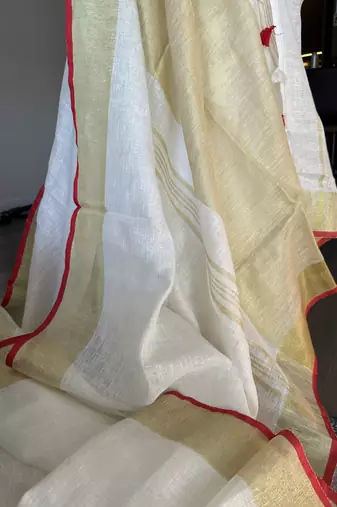 White handloom linen saree with contrast border