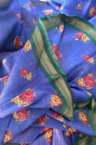 Digital printed  handloom silk linen saree