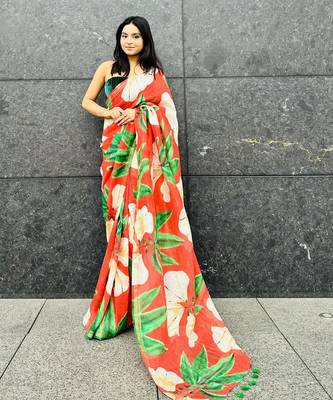 Digital printed  handloom silk linen saree 1