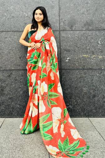 Digital printed  handloom silk linen saree