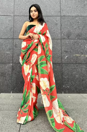 Digital printed  handloom silk linen saree