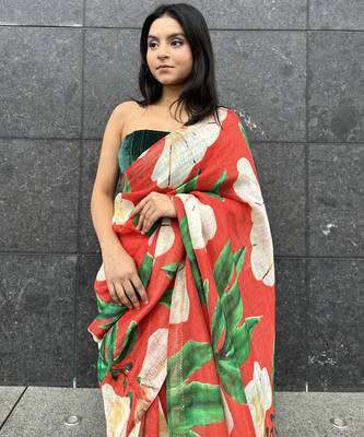 Digital printed  handloom silk linen saree 3