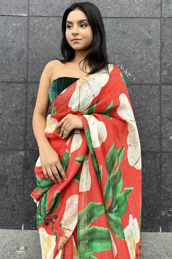 Digital printed  handloom silk linen saree