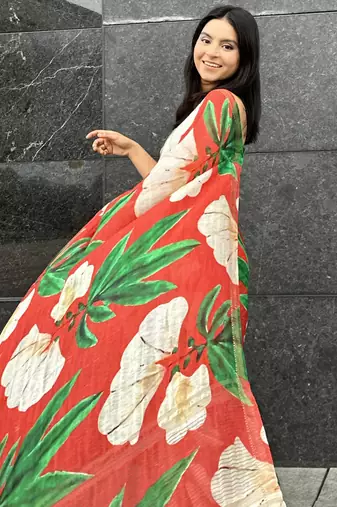 Digital printed  handloom silk linen saree