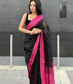 Black handwoven  linen saree with contrast pink border