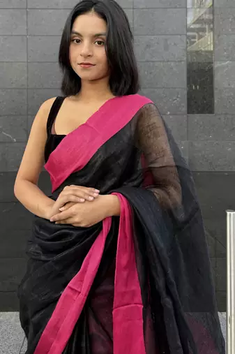 Black handwoven  linen saree with contrast pink border