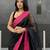 Black handwoven  linen saree with contrast pink border
