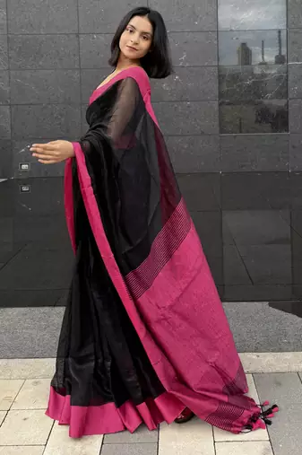 Black handwoven  linen saree with contrast pink border