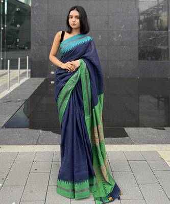 Blue handwoven  linen saree with contrast border 1