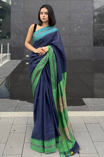 Blue handwoven  linen saree with contrast border